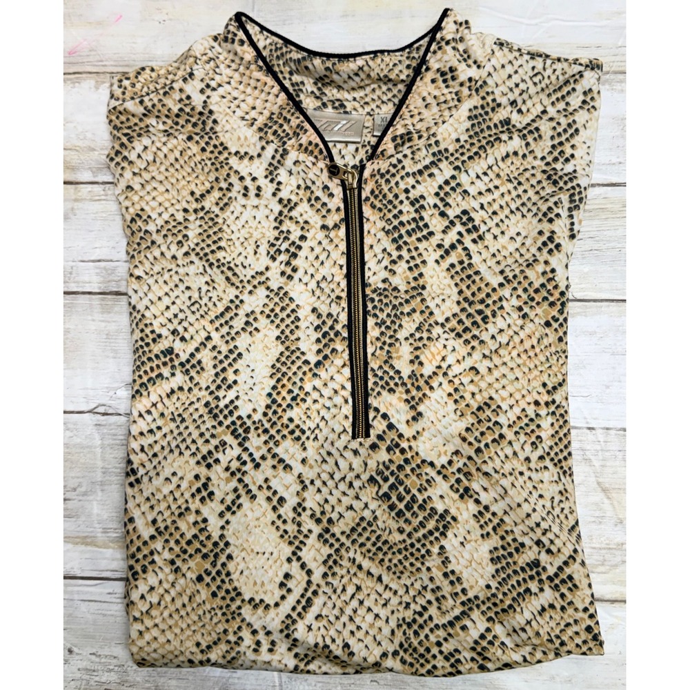 Tail Tech Womens Golf Polo Shirt Tan Snakeskin Animal Print Quarter Zip size XL